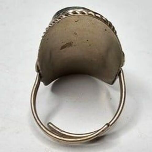 Long Oval Adjustable Green Marble Jadeite Cocktail Ring Sizing: 6+ - Picture 2 of 2